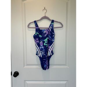 NWT Adidas Floral 3S One Piece Swimsuit Blue Size 6